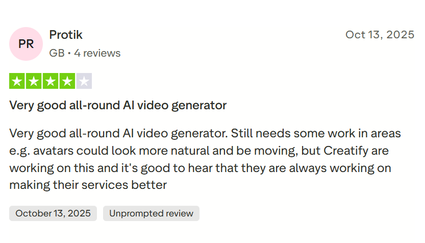 Trustpilot review of Creatify AI, describing it as a capable all-around AI video generator.
