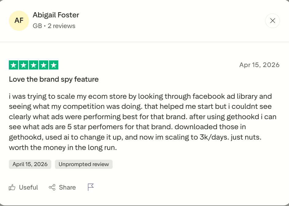 Trustpilot review praising GetHookd's Brand Spy feature for revealing competitor ad performance and helping scale her ecommerce store to $3K per day.