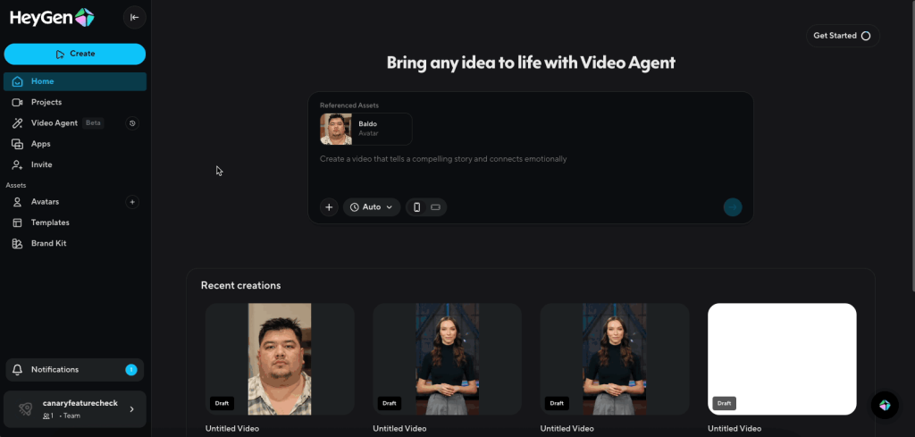 HeyGen Video Agent dashboard with a prompt input and recent draft creations of avatar-based videos.