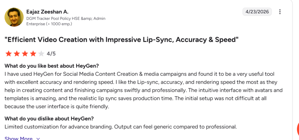 G2 review of HeyGen, highlighting strong lip-sync accuracy and rendering speed, with the trade-off being limited customization.