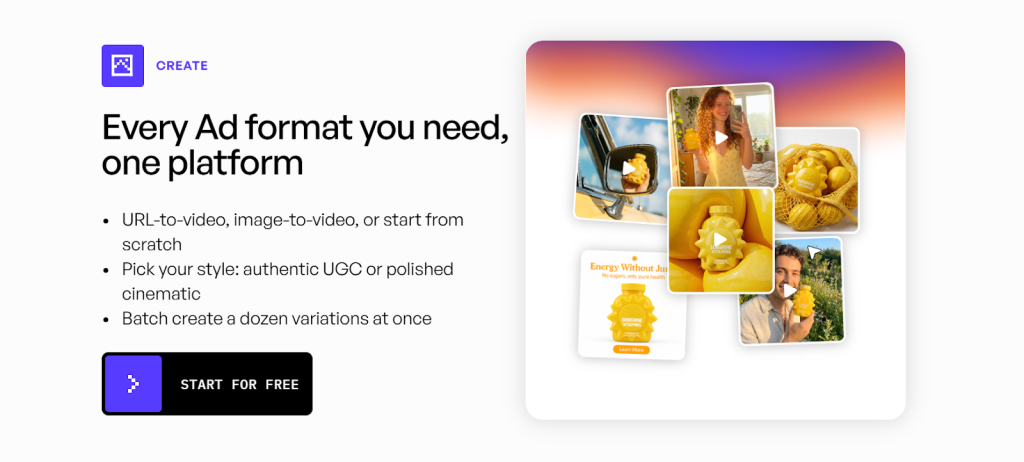 Creatify AI homepage showing how the platform turns a single product into multiple ad formats.