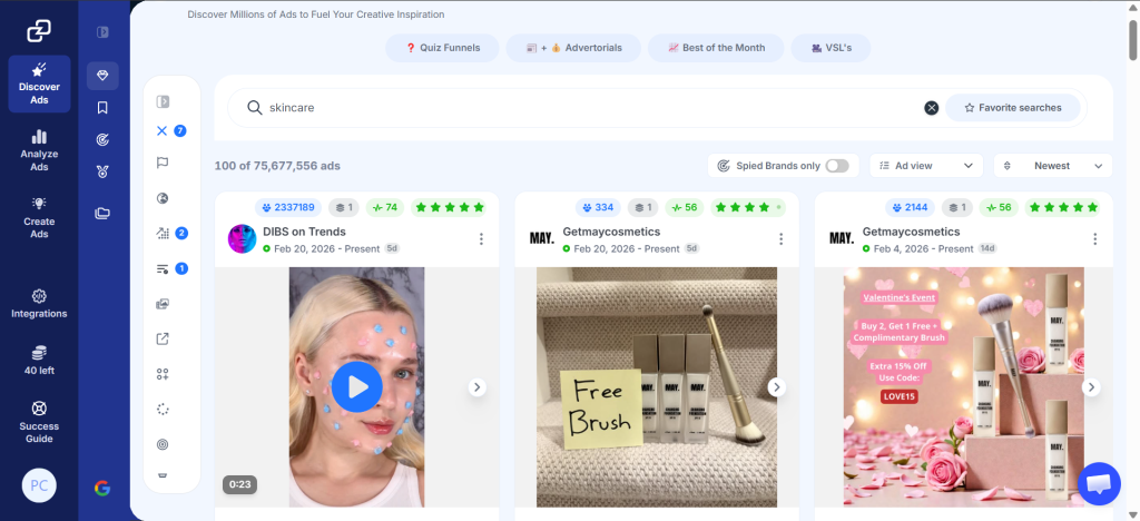 GetHookd Explore Ads dashboard with 65M+ ads showing skincare ad search results, with filters for performance, ad reach, and ad format.