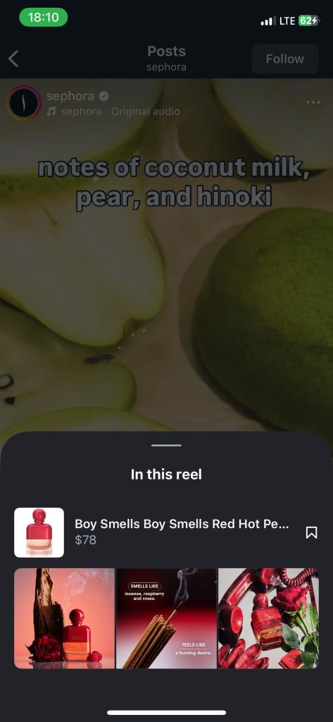Sephora Instagram Reels ad for Boy Smells Red Hot Pear perfume, with a tagged product card featuring the shop link.
