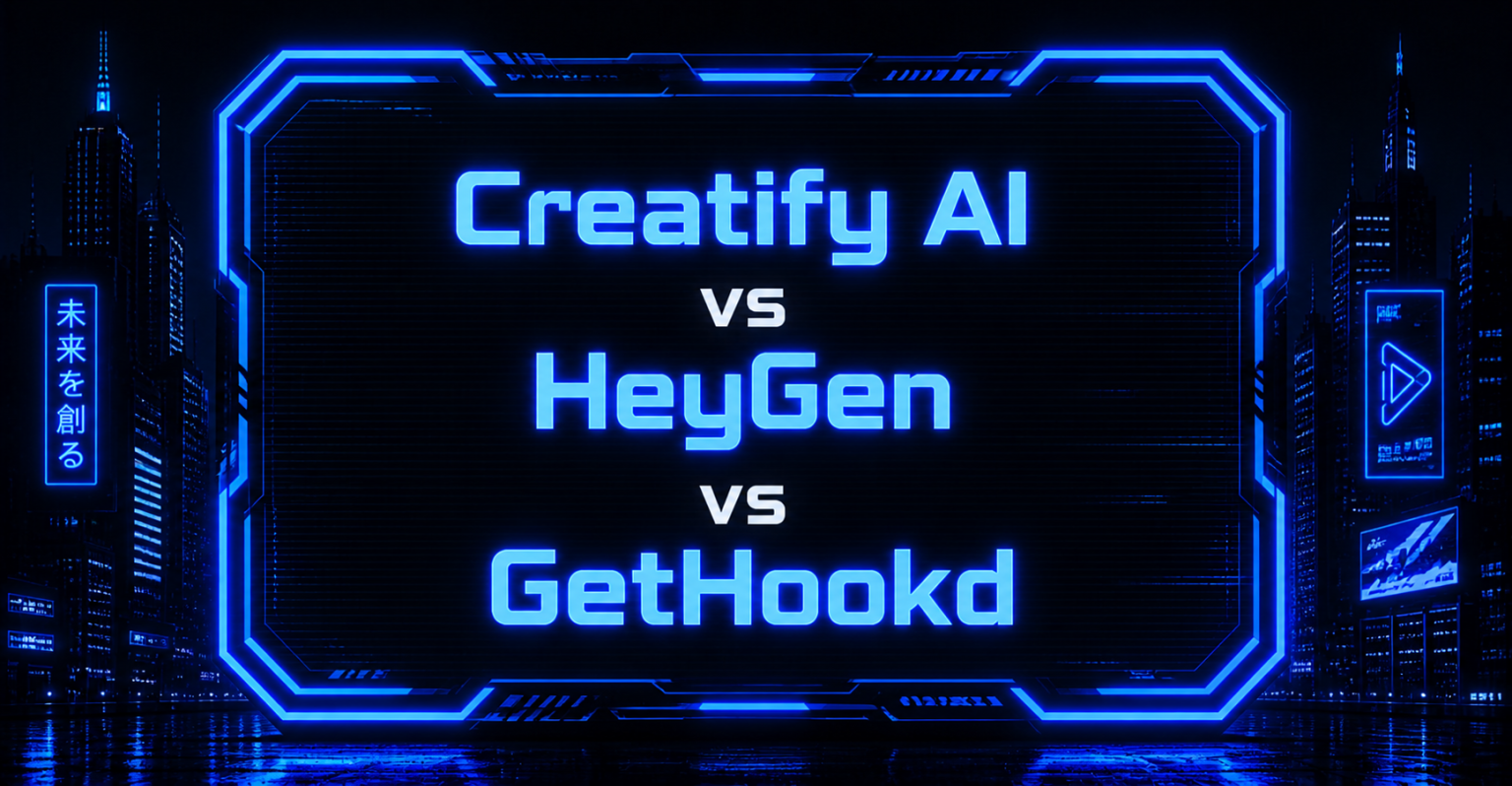 Cyberpunk blue neon comparison image showing Creatify AI vs HeyGen vs GetHookd with glowing tech frame and futuristic city background