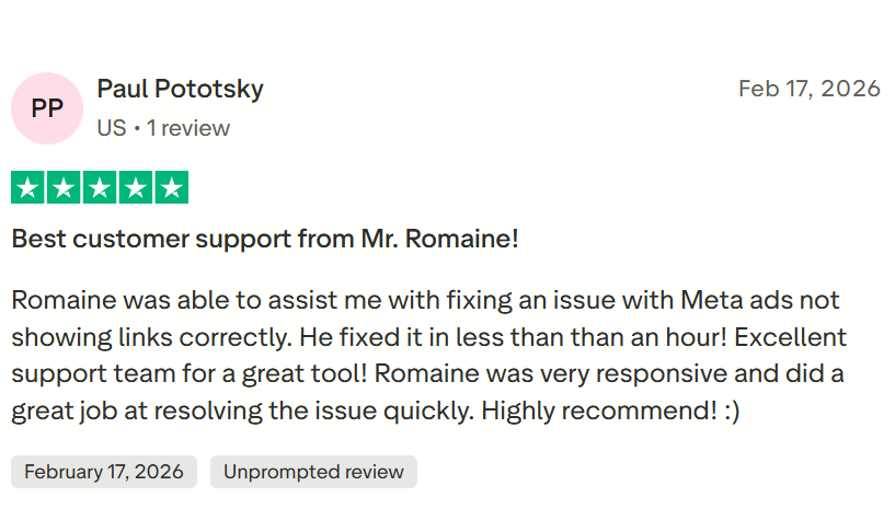 5-star Trustpilot review of TrendTrack highlighting fast and responsive customer support.