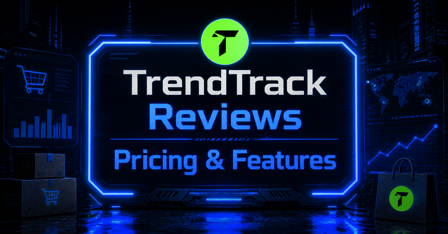 Cyberpunk-style TrendTrack review banner with neon blue interface, pricing and features text, and ecommerce analytics visuals on a dark futuristic background.