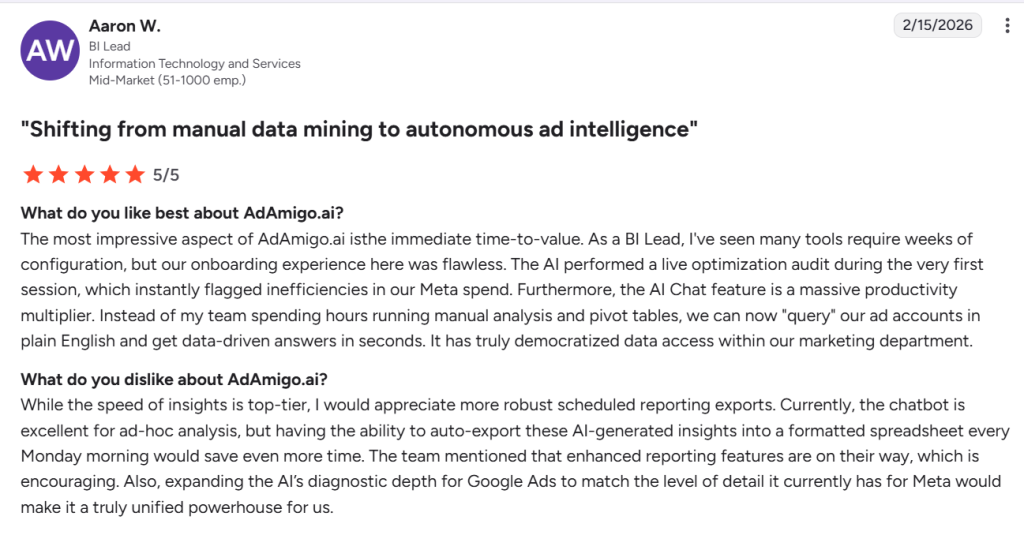 5-star G2 review of AdAmigo.ai praising fast time-to-value and AI Chat productivity, with feedback on gaps in scheduled reporting exports and Google Ads diagnostics.