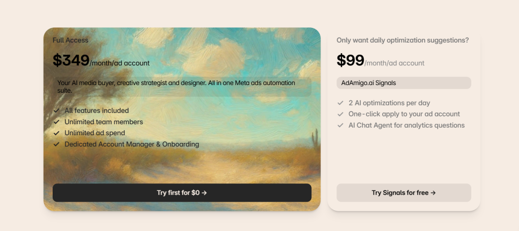 AdAmigo.ai pricing page showing the Full Access plan at $349 per month per ad account and the AdAmigo.ai Signals plan at $99 per month per ad account.