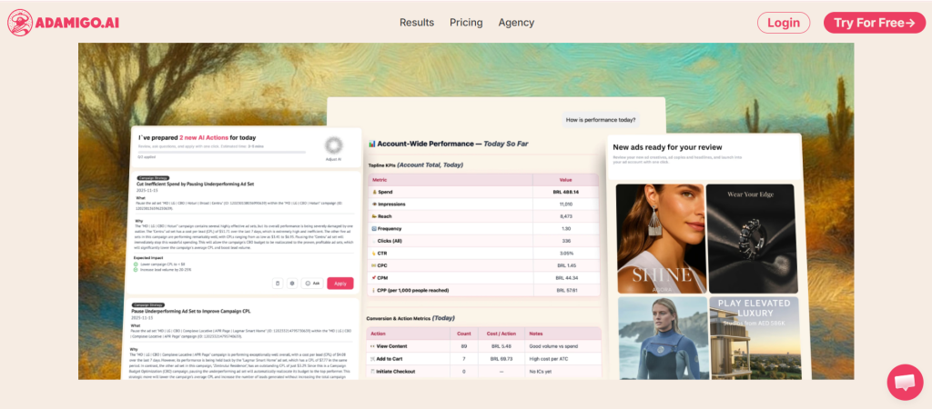 AdAmigo.ai homepage showing AI-generated optimization recommendations.