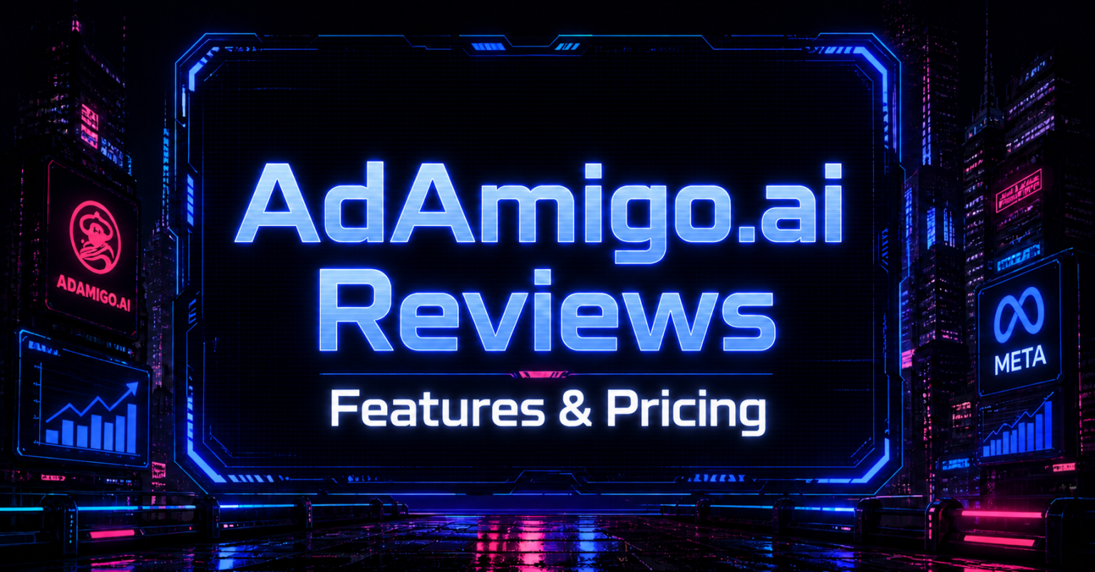 Cyberpunk-style AdAmigo.ai reviews banner with blue neon text, futuristic dashboard frame, and Meta-themed visuals on a dark city background.