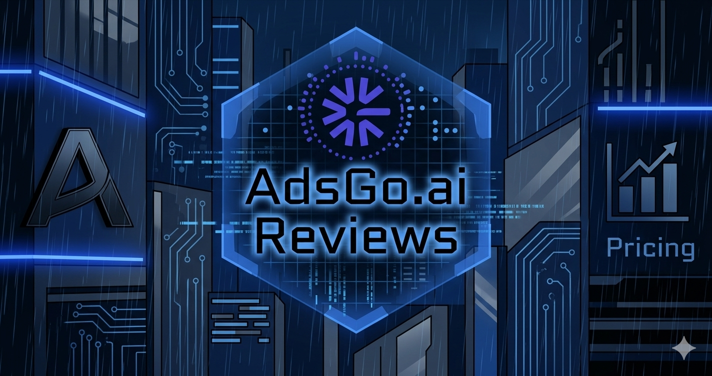 AdsGo.ai Reviews featured banner with futuristic AI advertising platform branding.