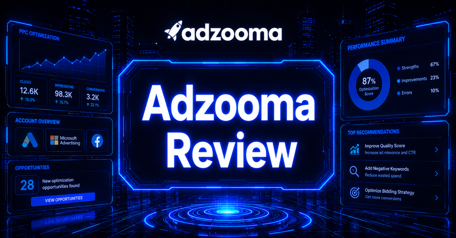 Cyberpunk-style Adzooma review header image with glowing blue dashboards, PPC analytics panels, the Adzooma logo, and “Adzooma Review” text on a futuristic dark tech background. 