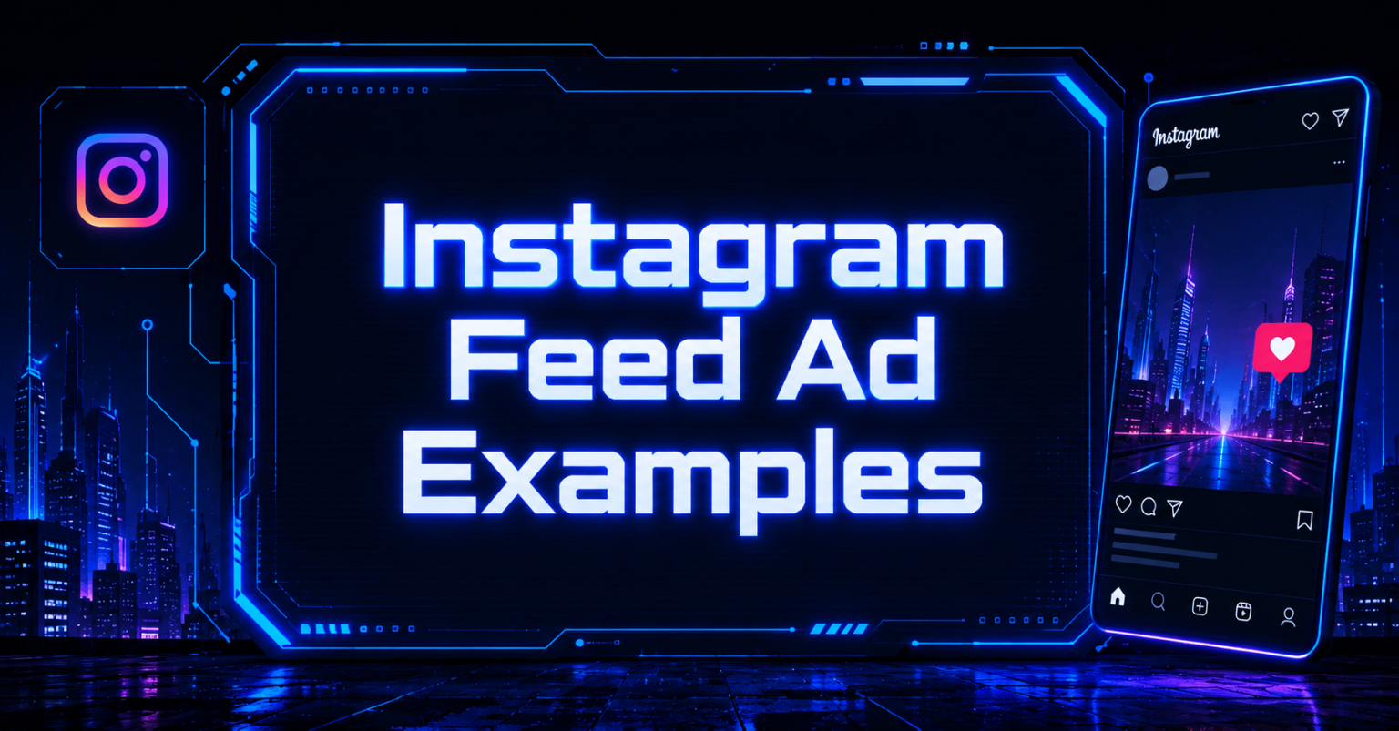 Cyberpunk-style Instagram feed ad illustration with glowing blue neon interface, Instagram app mockup, and futuristic city background.