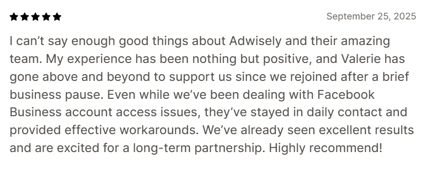 Adwisely’s five-star review showing how dedicated account manager support shapes the merchant experience on the platform.