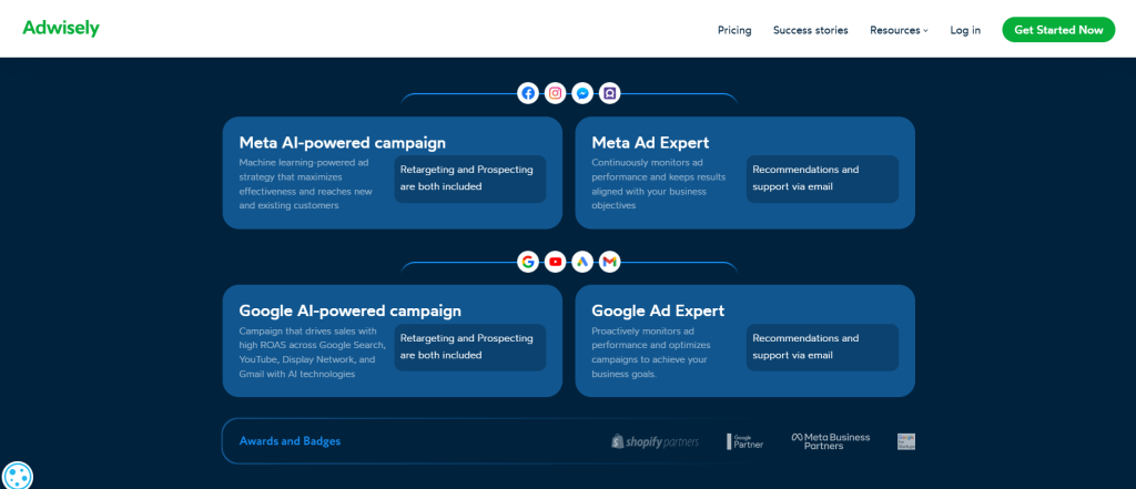 Screenshot of Adwisely's core platform structure showing how AI campaigns and Ad Expert support work across Meta and Google channels.