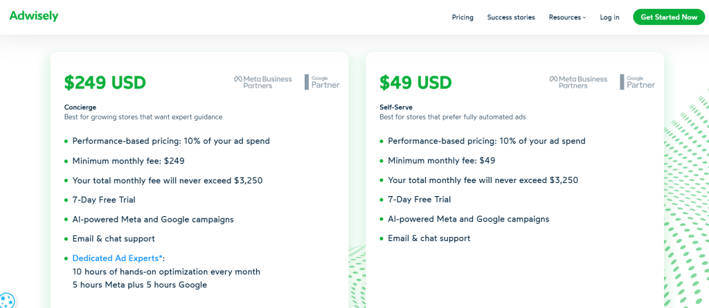 Screenshot of Adwisely's two pricing plans showing the cost difference between the Self-Serve and Concierge tiers.