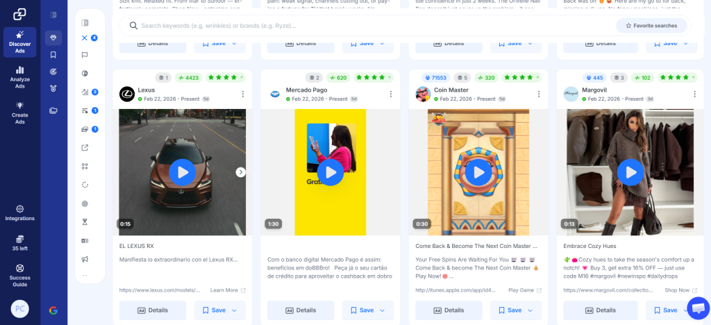 GetHookd's Ads interface showing how advertisers can browse and save high-performing Meta ads across niches. 