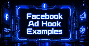 Facebook Ad Hook Examples graphic with the Facebook logo, a megaphone, targeting reticle, and a data-driven results panel against a dark futuristic city background.