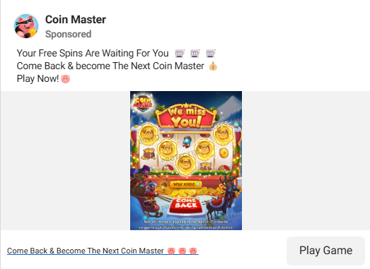 Example of a customer list retargeting ad using a free-reward incentive to bring lapsed users back to the brand.