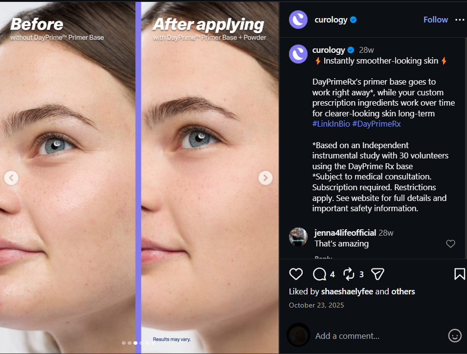 A before-and-after image ad using a labeled split-frame visual to demonstrate Curology’s product effect.