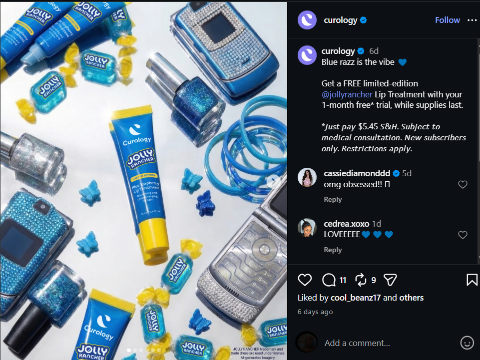 Example of a flat lay image ad by Curology, using color cohesion and editorial arrangement to mirror organic feed content.