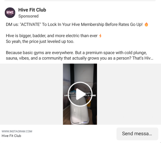 Hive Fit Club Instagram ad inviting users to DM "ACTIVATE" to lock in gym membership rates.