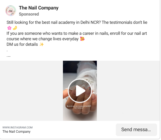 The Nail Company Instagram lead qualification ad promoting a nail academy course in Delhi.