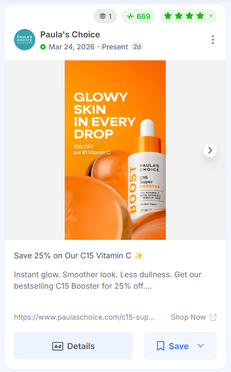 Paula's Choice static Facebook ad for their C15 Vitamin C.
