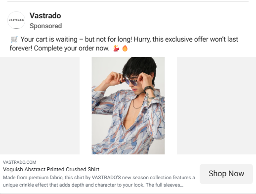 Vastrado sponsored an Instagram ad reminding the shopper of an abandoned cart item.