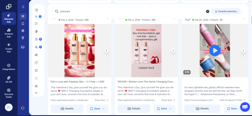 Screenshot of the GetHookd Explore Ads dashboard showing skincare ads filtered by keyword.