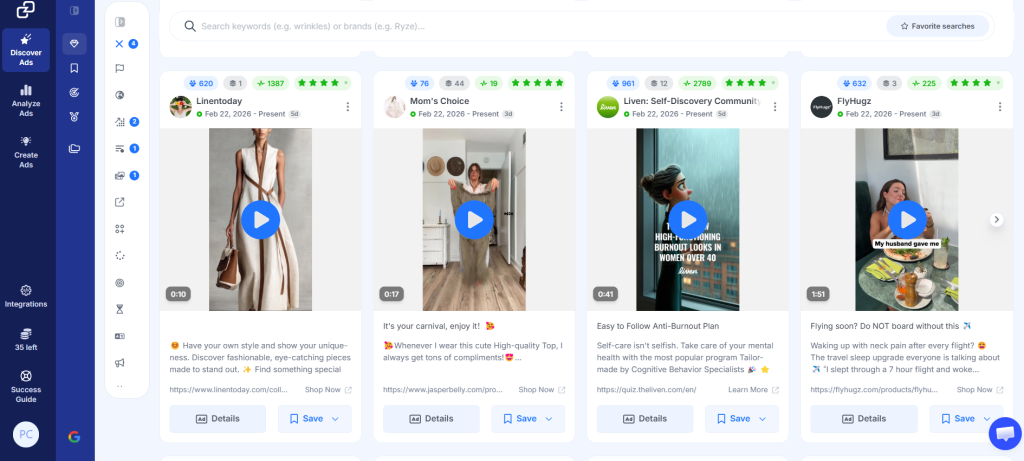 GetHookd’s Explore Ads dashboard showing performance-scored Instagram ads from multiple brands.