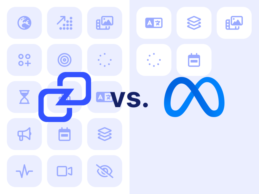 Comparison graphic showing Gethookd ad spy tool icons on the left versus the Meta logo on the right.