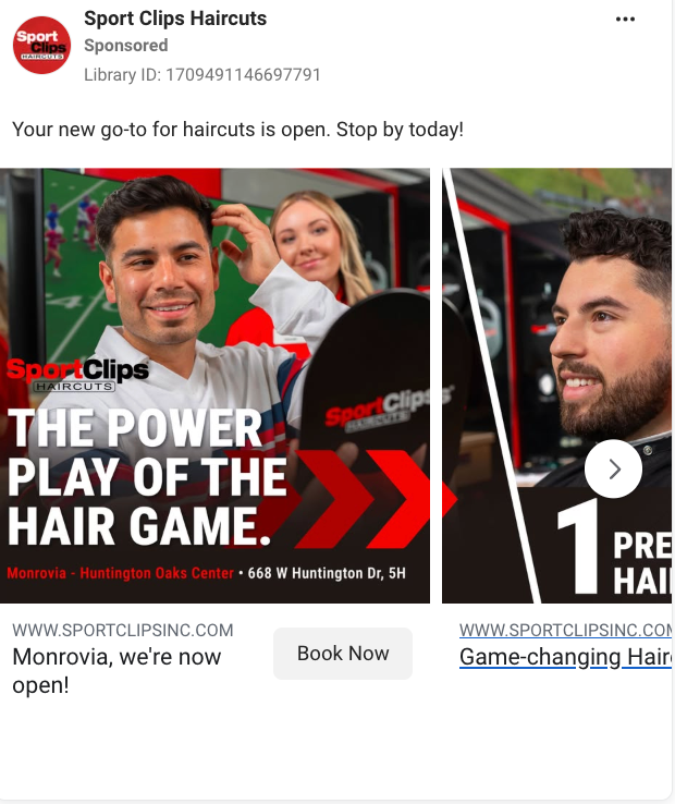 Sport Clips Haircuts carousel ad featuring sports-themed branding and male-focused imagery with a Book Now call to action.
