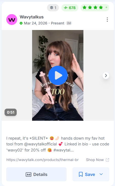 Wavytalkus UGC-style Facebook video ad featuring a creator holding and demonstrating a hair styling tool.