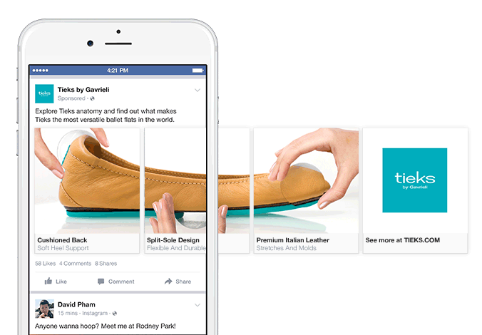 Facebook carousel ad example from Tieks by Gavrieli displayed on an iPhone, showing four swipeable cards that break down individual product features.
