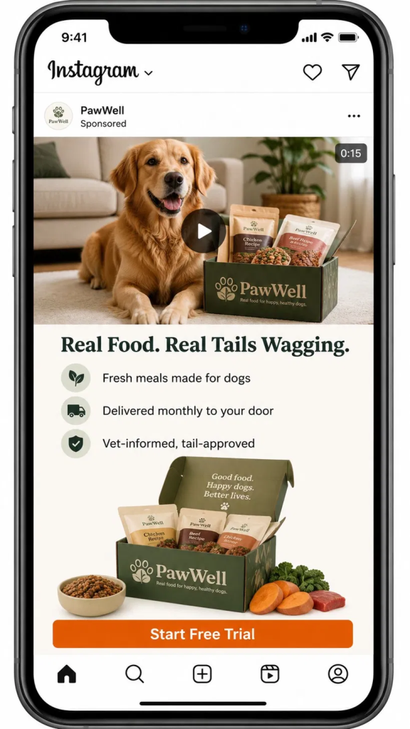 Instagram Customer Acquisition ad mockup for the PawWell dog food subscription, featuring a video hero, three benefit blocks, product imagery, and a "Start Free Trial" CTA.