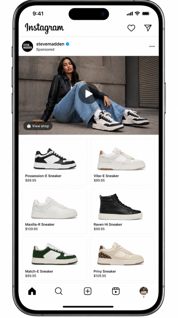 Steve Madden Instagram Storefront ad featuring a sponsored hero video of a model wearing sneakers, above a grid of 6 sneaker products with names and prices.