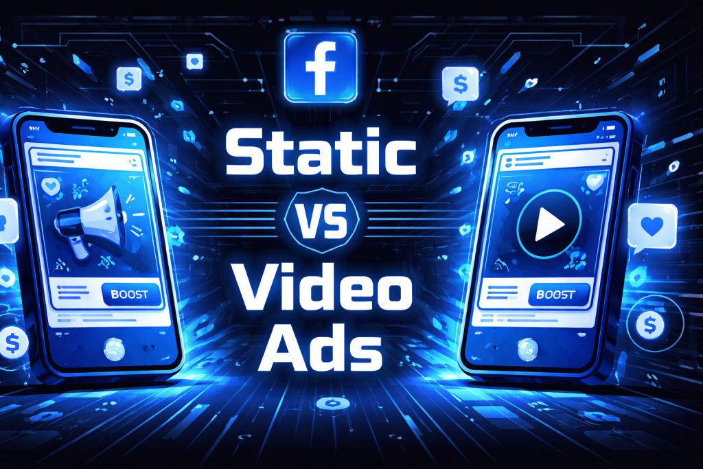 Illustration comparing static vs video Facebook ads, with two smartphone screens and glowing blue interface elements.