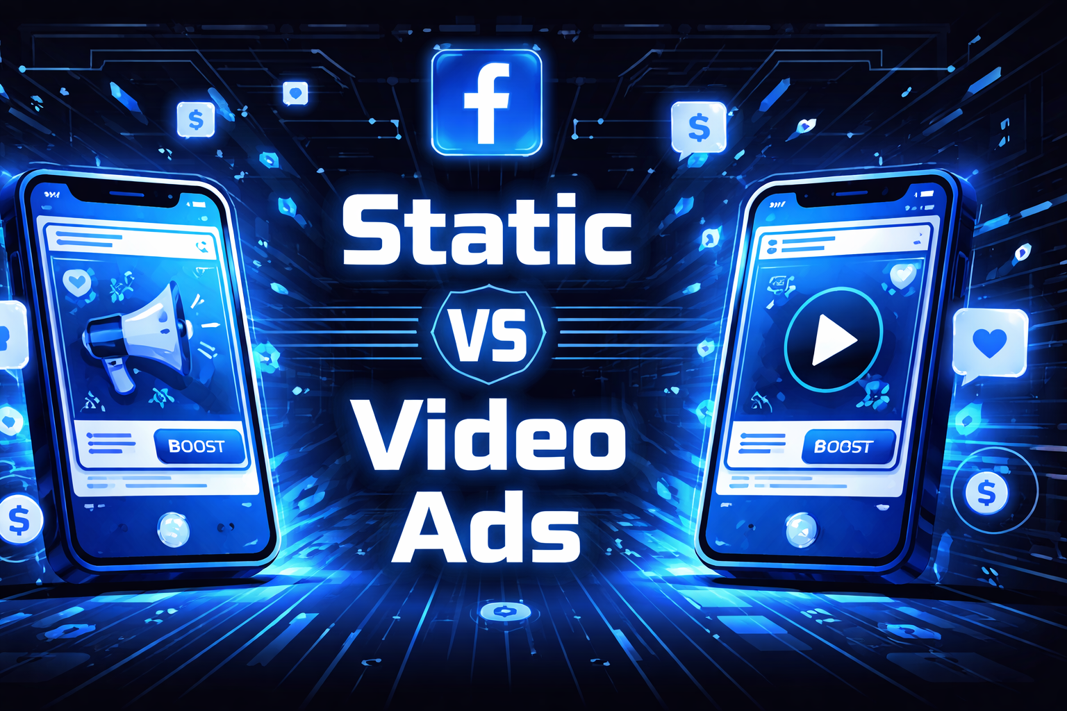Illustration comparing static vs video Facebook ads, with two smartphone screens and glowing blue interface elements.