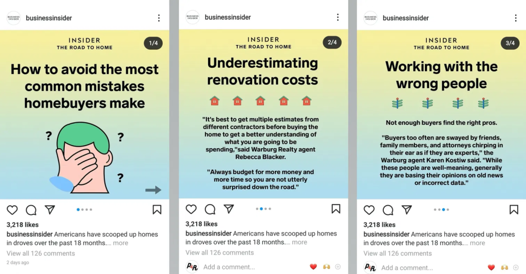 Three-slide Business Insider Instagram carousel demonstrating the value-driven format, with headlines.
