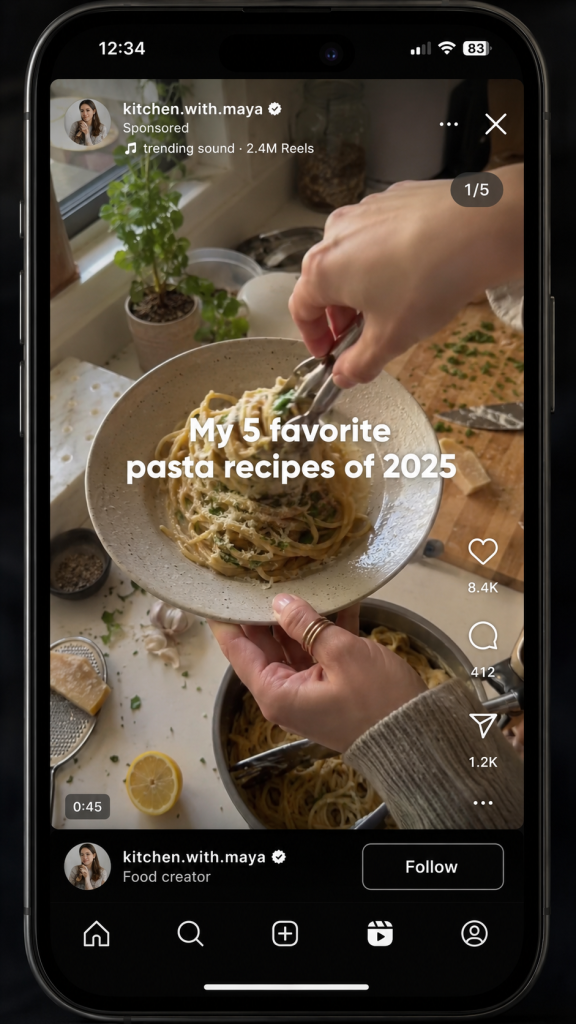 Sponsored Instagram Reel by food creator @kitchen.with.maya titled "My 5 favorite pasta recipes of 2025," shown on a smartphone with a Follow button.
