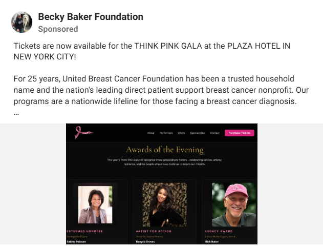 Becky Baker Foundation events ad promoting the Think Pink Gala at the Plaza Hotel in New York City.