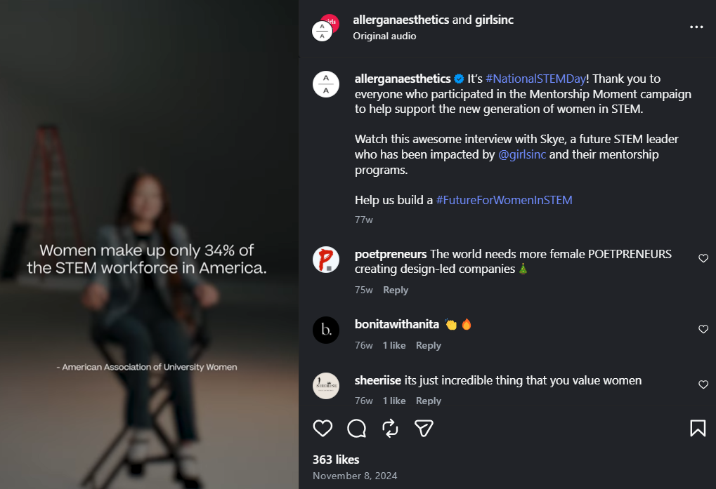 Allergan Aesthetics and Girls Inc. Instagram awareness ad highlighting how women make up only 34% of the STEM workforce in America.