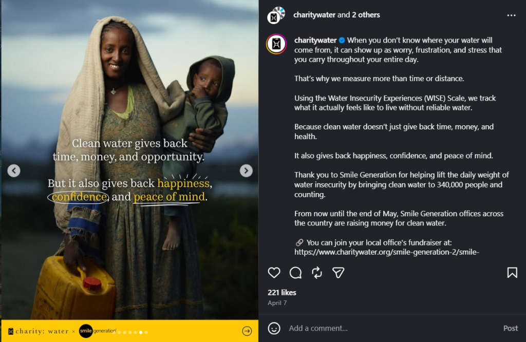 Charity: water Instagram carousel ad showing a mother and child with the message that clean water gives back time, money, and opportunity.