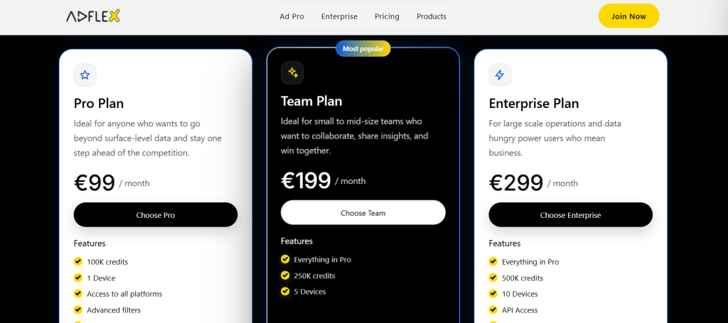 Screenshot of AdFlex's three paid pricing tiers showing how each plan scales credits, device access, and feature depth.