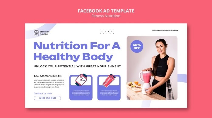 Facebook ad template for a healthy nutrition brand featuring a woman preparing a smoothie with a discount badge.