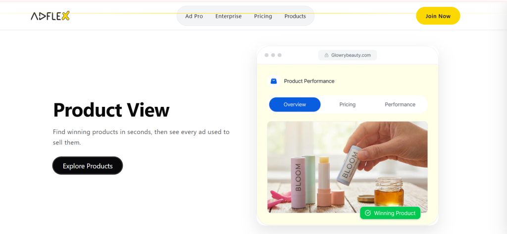 AdFlex's Product View showing how advertisers can research winning products alongside the ads driving their sales.