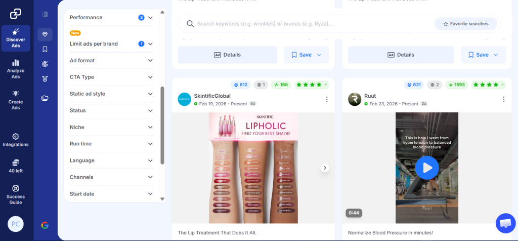 GetHookd's Explore Ads interface showing the filtering panel and ad search functionality for finding high-performing competitor creatives.