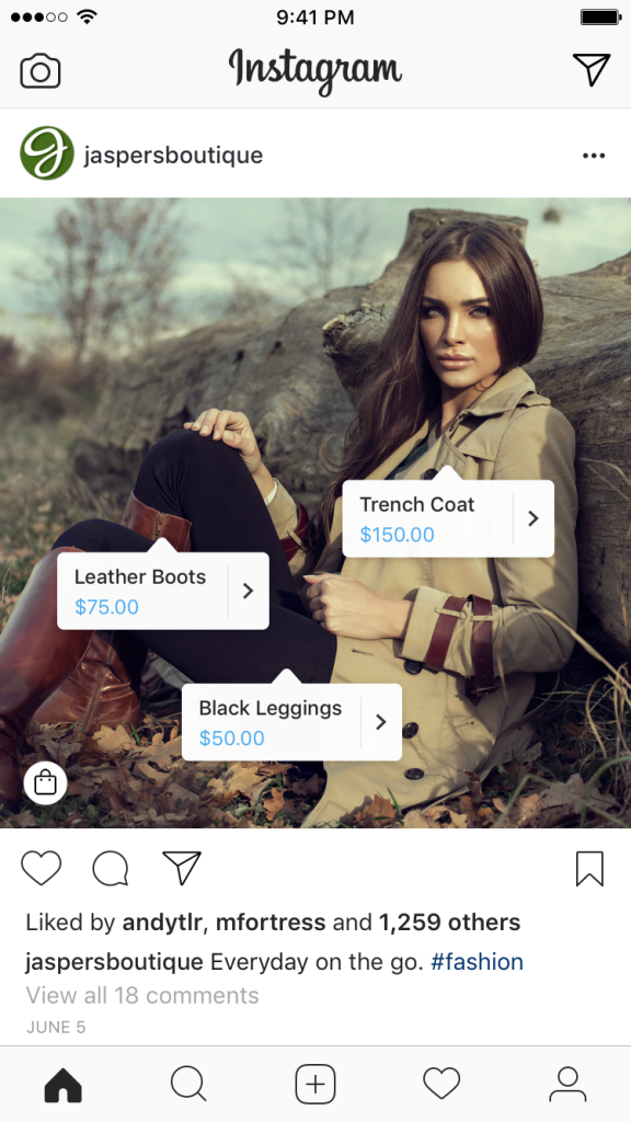 Shoppable Instagram post with multiple visible product tags showing item names and prices.