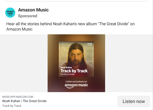 Amazon Music sponsored ad promoting Noah Kahan's "The Great Divide" Track by storytelling content.